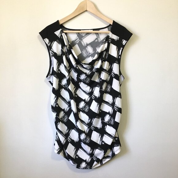 B&W Canadian Spy Movie Paint Blotched Ruched Waist Cowl Neck Tank Top - Picture 1 of 15